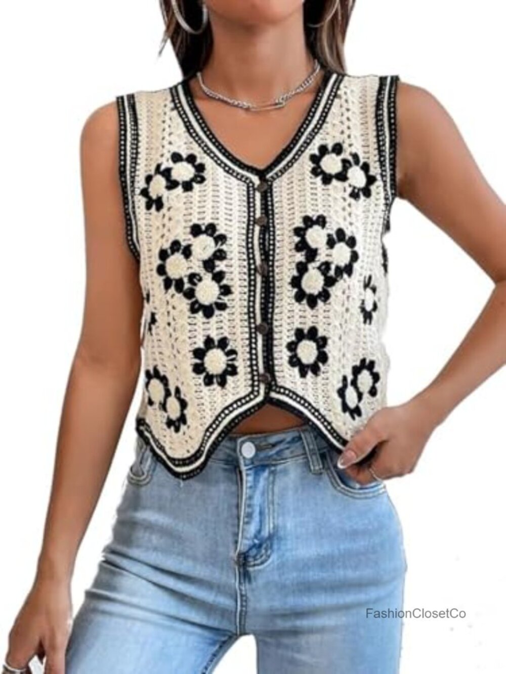 Women's Crochet Plaid Button Front Sweater Vest Sleeveless V-Neck Knit